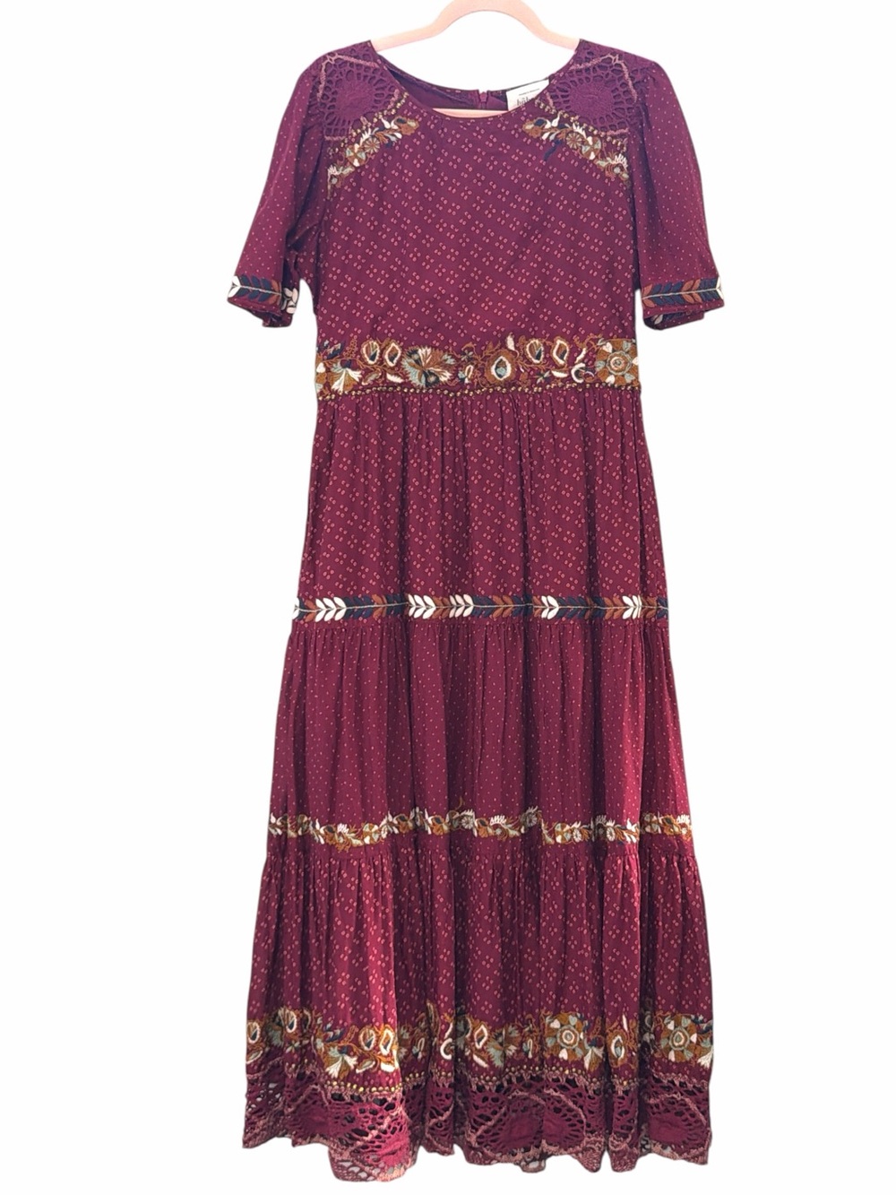 Böhme Spanish Embroidered Maxi Dress Burgundy Boho Tiered 100% cotton medium - Picture 2 of 6